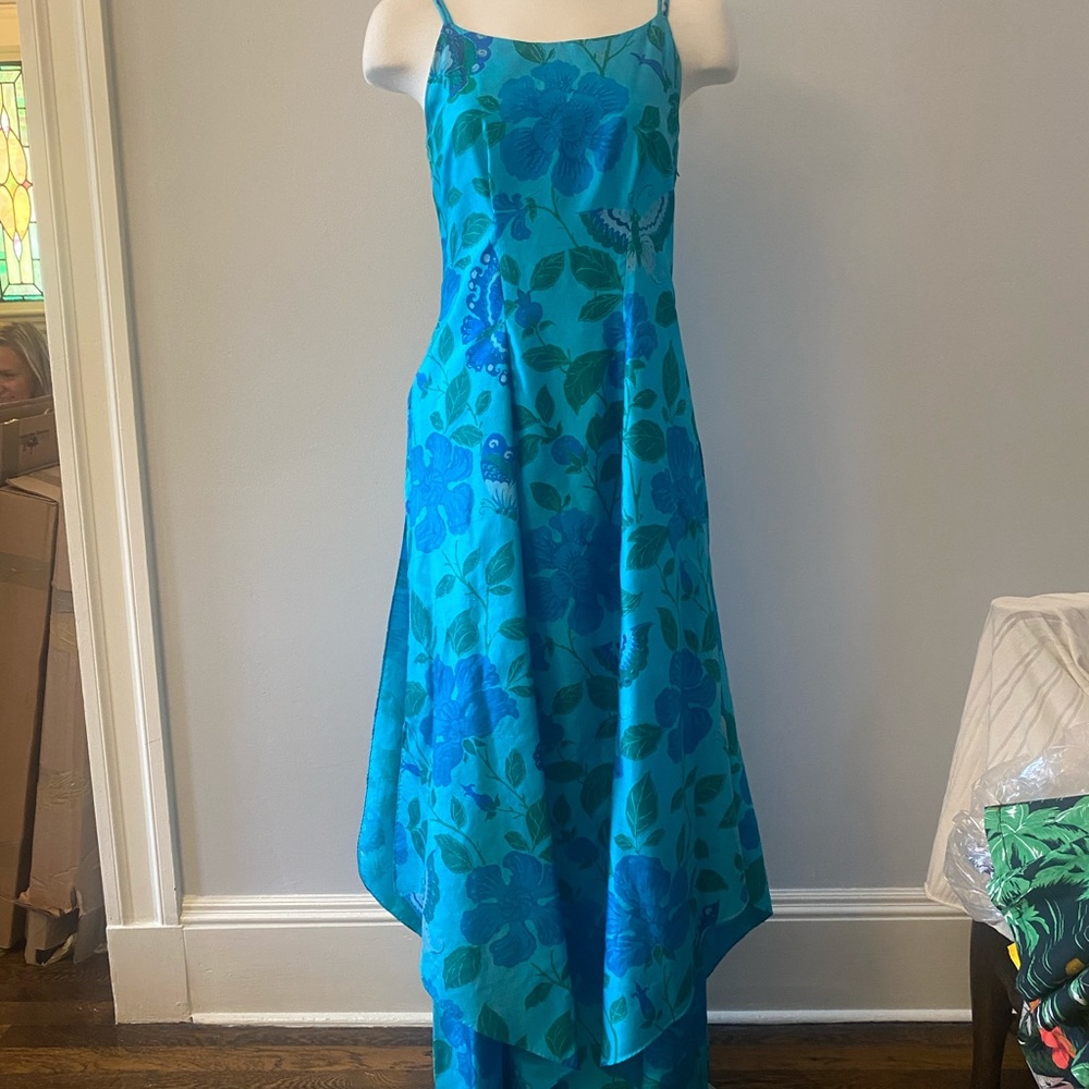 Turquoise Blue Floral Thai Silk Shaffon Sheath Long Strapless Dress US 4